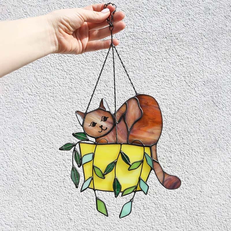 Cat in a flowerpot Suncatcher Stained Glass Window Hangins