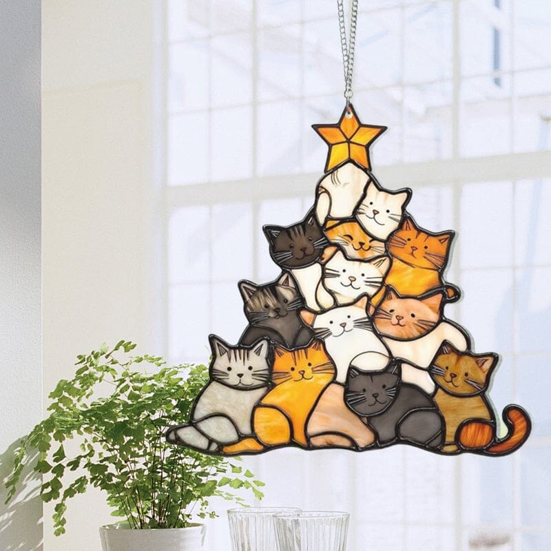 Cat Christmas Tree Suncatcher Ornament